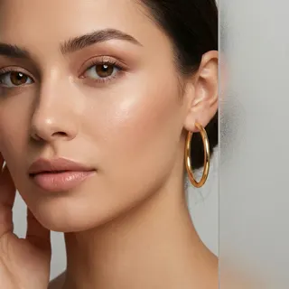 نمای نزدیک گوشواره حلقه‌ای با ظاهر طلایی روی گوش مدل